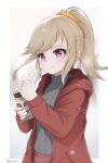  1girl absurdres blonde_hair blush cup drinking_straw grey_sweater highres holding holding_cup hood hoodie komori_met long_hair pronet127 red_hoodie red_skirt ribbed_sweater skirt smile solo sweater sweater_tucked_in v_ap_art violet_eyes virtual_youtuber 