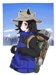  1girl absurdres backpack bag black_hair blue_jacket blush bucket_hat clouds cropped_torso ears_through_headwear hair_over_one_eye hands_up hat high_collar highres jacket long_hair long_sleeves looking_at_viewer mountainous_horizon ram_(p_searam) rice_shower_(umamusume) sleeping_bag solo umamusume upper_body violet_eyes 