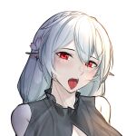  1girl arknights bangs bare_shoulders braid clothing_cutout commentary crown_braid fangs flower hair_between_eyes hair_flower hair_ornament head_tilt highres irkawaza long_hair looking_at_viewer open_mouth pointy_ears portrait red_eyes shoulder_cutout silver_hair simple_background solo tongue tongue_out upper_body warfarin_(arknights) warfarin_(casual_vacation)_(arknights) white_background 