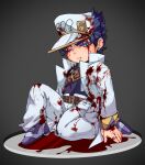  1boy black_hair bleeding blood blood_on_clothes blue_eyes chibi coat diamond_wa_kudakenai earrings hat injury jewelry jojo_no_kimyou_na_bouken kujo_jotaro less_end long_coat male_focus pool_of_blood solo squatting white_coat wince 