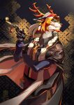  1boy absurdres antlers arknights furry furry_male highres itohiro03 orange_eyes pipe solo wei_yenwu_(arknights) 