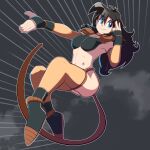  1girl absurdres birthmark black_hair blue_eyes boots commission commissioner_upload dragon_ball dragon_ball_xenoverse english_commentary freakyed grey_background highres long_hair messy_hair monkey_tail original saiyan saiyan_armor tail thigh-highs 