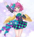  1girl artist_name bare_shoulders beamed_eighth_notes checkered_clothes checkered_dress commentary_request dated detached_sleeves dress eighth_note feathered_wings green_eyes hair_ribbon harpy_(puyopuyo) musical_note mystmu open_mouth pink_hair puyopuyo ribbon short_hair side_ponytail solo waving wings 