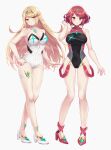  2girls bangs black_swimsuit blonde_hair breasts chest_jewel competition_swimsuit gem headpiece highres large_breasts multiple_girls mythra_(radiant_beach)_(xenoblade) one-piece_swimsuit pyra_(pro_swimmer)_(xenoblade) pyra_(xenoblade) red_eyes red_swimsuit redhead ribbed_swimsuit shinae short_hair strapless strapless_swimsuit striped striped_swimsuit swept_bangs swimsuit tiara two-tone_swimsuit vertical-striped_swimsuit vertical_stripes white_swimsuit xenoblade_chronicles_(series) xenoblade_chronicles_2 