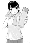 1girl absurdres bangs blush breasts greyscale head_tilt highres holding long_hair looking_at_viewer monochrome open_mouth original outstretched_arm pants shirt short_sleeves simple_background small_breasts solo sweat takenoko_no_you towel towel_around_neck white_background 