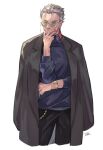  1boy artist_name coat earrings eyeshadow fate/grand_order fate/type_redline fate_(series) feet_out_of_frame glasses hair_slicked_back hand_on_own_face jacket jacket_on_shoulders jewelry koha-ace li_shuwen_(old)_(fate) long_sleeves looking_at_viewer makeup male_focus old old_man red_eyeshadow red_nails ring round_eyewear short_hair signature simple_background solo takku_(takk25) watch watch white_background white_hair 