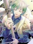  1boy absurdres adams_(toh) black_background black_shirt cross facing_viewer green_eyes green_hair highres holding holding_cross light_rays long_hair looking_down male_focus multicolored_clothes pale_skin shirt short_hair smile solo tower_of_hanoi zinseihamoe 
