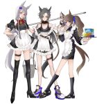  3girls air_shakur_(umamusume) animal_ears anno88888 black_hair boots breasts brown_hair commentary_request full_body gold_ship_(umamusume) highres horse_ears horse_girl horse_tail long_hair looking_at_viewer maid medium_breasts medium_hair multiple_girls simple_background tail thigh-highs thigh_boots tongue tongue_out tosen_jordan_(umamusume) umamusume white_background 