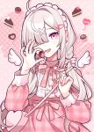  1girl bag bangs bow braid cake chocolate chocolate_covered dress fang food fruit grey_hair hair_over_one_eye hairband handbag heart-shaped_bag holding holding_food holding_fruit lolita_hairband low_twintails nijisanji one_eye_covered open_mouth pink_bag pink_bow pink_dress pink_eyes smile solo strawberry sukoya_kana twin_braids twintails virtual_youtuber waka_(wk4444) white_hairband 