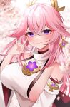 1girl bangs bare_shoulders blurry blurry_background blush breasts cherry_blossoms closed_mouth detached_sleeves earrings fox_shadow_puppet genshin_impact hair_between_eyes hair_ornament hand_up highres japanese_clothes jewelry large_breasts long_hair looking_at_viewer namagome_negi pink_hair shirt single_earring skindentation solo upper_body violet_eyes vision_(genshin_impact) white_shirt wide_sleeves yae_miko
