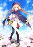  1girl artoria_pendragon_(caster)_(fate) artoria_pendragon_(fate) black_gloves black_legwear blonde_hair blue_bow blue_bowtie blue_cape blue_headwear bow bowtie cape clouds dress duplicate excalibur_(fate/stay_night) fate/grand_order fate_(series) flower full_body gloves green_eyes hat highres holding holding_sword holding_weapon long_hair looking_at_viewer open_mouth outdoors pantyhose pixel-perfect_duplicate saipaco shoes sky smile solo standing sword twintails weapon white_dress 