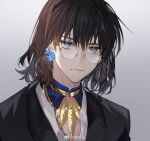  1boy arlizi black_jacket blue_eyes chinese_commentary closed_mouth earrings face fate/grand_order fate_(series) flower_earrings glasses gradient gradient_background grey_background highres jacket jewelry long_hair looking_at_viewer male_focus medium_hair oberon_(fate) official_alternate_costume shirt single_earring solo weibo_logo weibo_username white_shirt 