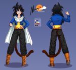  1girl azumi212 black_hair black_pants blue_eyes blue_jacket cape character_sheet commission commissioner_upload dragon_ball dragon_ball_xenoverse hand_on_hip highres jacket long_hair messy_hair monkey_tail pants saiyan shirt tail white_cape yellow_shirt 