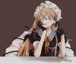  1girl bangs black_gloves citron80citron cocktail cocktail_glass collarbone cup dress drinking_glass eyebrows_visible_through_hair frilled_hairband frills girls_frontline gloves hair_between_eyes hairband hand_on_own_face leaning_forward leaning_on_table light_brown_eyes light_brown_hair long_hair looking_at_viewer open_mouth ppk_(girls&#039;_frontline) puffy_short_sleeves puffy_sleeves ribbon short_dress short_sleeves smile solo very_long_hair 