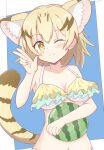  1girl ;) animal_ear_fluff animal_ears bangs bare_arms bare_shoulders bikini black_hair blonde_hair blue_background blush breasts brown_eyes cat_ears cat_girl cat_tail closed_mouth collarbone commentary_request eyebrows_visible_through_hair hair_between_eyes hand_up highres kemono_friends layered_bikini long_hair looking_at_viewer medium_breasts multicolored_hair navel one_eye_closed sand_cat_(kemono_friends) smile solo striped_tail sunanuko_(ramuneko) swimsuit tail two-tone_background two-tone_hair upper_body white_background white_bikini 