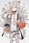  1girl absurdres aiamu_iamu animal_ears bell cat_ears cat_girl clothing_request collar curled_fingers fang fish fork grey_eyes highres looking_at_viewer mouse neck_bell open_mouth original simple_background white_background white_hair yarn yarn_ball 