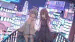  2girls absurdres aiamu_iamu aqua_eyes artist_name black_dress blue_eyes brown_hair city cityscape clothing_request coat commentary commentary_request dress english_text glowing glowing_eyes grey_hair halo highres leaning_on_rail looking_at_viewer multiple_girls neon_lights original shorts signature standing tower white_coat white_shorts 