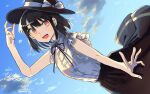  1girl bangs black_hair black_headwear black_ribbon black_skirt bow buttons clouds cloudy_sky collared_shirt commentary_request commission fedora frilled_sleeves frills hand_on_headwear happy hat hat_bow highres long_skirt looking_at_viewer open_mouth outdoors red_eyes ribbon shirt short_hair short_sleeves skeb_commission skirt sky touhou usami_renko wadante white_bow white_ribbon white_shirt 