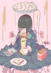  1girl bag black_hair blunt_bangs book bread_slice commentary_request cup eraser food food_in_mouth fried_egg fried_egg_on_toast grease green_skirt hair_over_eyes headphones headphones_around_neck highres holding holding_cup holding_toothbrush medium_hair mouth_hold norikoi original pen pink_background plaid plaid_skirt plastic_bag plate pleated_skirt plug protractor school_uniform skirt solo toast toast_in_mouth toaster toothbrush 