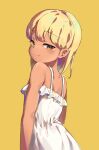  1girl blonde_hair child dark-skinned_female dark_skin dress driftingtiger from_behind highres long_hair looking_at_viewer looking_back original simple_background sleeveless sleeveless_dress solo sundress upper_body white_dress yellow_background yellow_eyes 