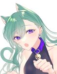  1girl :o animal_ear_fluff animal_ears bangs bell breasts cat_ears cat_girl cat_tail clenched_hand collarbone eyebrows_visible_through_hair green_hair halter_top halterneck hatori_naco kemonomimi_mode looking_at_viewer medium_breasts open_mouth paw_pose portrait solo tail transparent_background violet_eyes virtual_youtuber vspo! yakumo_beni 