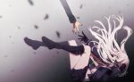  1boy 1girl arm_up bangs black_footwear black_gloves black_ribbon black_skirt boots braid brown_necktie commentary_request danganronpa:_trigger_happy_havoc danganronpa_(series) dated dokudokudoku falling gloves gradient gradient_background grey_background hair_ribbon highres jacket kirigiri_kyouko knee_boots long_hair long_sleeves looking_up miniskirt naegi_makoto necktie open_clothes open_jacket pleated_skirt profile purple_jacket ribbon shirt signature skirt solo_focus white_shirt 