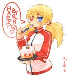  1girl bangs blonde_hair blue_eyes blush cake candle character_request commentary_request copyright_request cropped_torso eyepatch food food_on_face fork fukumaaya hair_between_eyes highres holding holding_fork holding_plate long_hair long_sleeves looking_at_viewer open_mouth plate sidelocks simple_background solo speech_bubble translation_request twintails upper_body white_background zipper zipper_pull_tab 