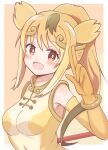  1girl :d absurdres bangs blonde_hair blush breasts brown_background circlet commentary_request covered_navel elbow_gloves eyebrows_visible_through_hair gloves golden_snub-nosed_monkey_(kemono_friends) hair_between_eyes highres kemono_friends long_hair medium_breasts orange_gloves ponytail red_eyes shirt sleeveless sleeveless_shirt smile solo sunanuko_(ramuneko) two-tone_background upper_body white_background yellow_shirt 