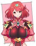 1girl bangs black_gloves breasts chest_jewel earrings fingerless_gloves gem gloves headpiece highres jewelry large_breasts pyra_(xenoblade) red_eyes redhead short_hair solo swept_bangs tiara xenoblade_chronicles_(series) xenoblade_chronicles_2 yashiro_misone 