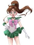  1girl :d back_bow bishoujo_senshi_sailor_moon blush bow brown_hair choker commentary_request earrings elbow_gloves eyelashes flower flower_earrings fpminnie1 gloves green_choker green_eyes green_sailor_collar green_skirt hair_bobbles hair_ornament happy highres jewelry kino_makoto long_hair looking_at_viewer magical_girl open_mouth pink_bow ponytail sailor_collar sailor_jupiter sailor_senshi sailor_senshi_uniform simple_background sketch skirt smile solo standing tiara white_background white_gloves 
