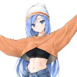  1girl beanie black_shirt blue_eyes blue_hair breasts chaesu commentary crop_top crop_top_overhang cropped_sweater denim eyebrows_visible_through_hair hat head_tilt highres jeans long_hair long_sleeves looking_at_viewer medium_breasts midriff minah_(chaesu) navel orange_sweater original outstretched_arms pants shirt simple_background solo stomach sweater upper_body very_long_hair white_background white_headwear 