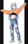  1girl beanie black_shirt blue_eyes blue_hair breasts chaesu commentary crop_top crop_top_overhang cropped_sweater denim eyebrows_visible_through_hair full_body hat head_tilt highres jeans long_hair long_sleeves looking_at_viewer medium_breasts midriff minah_(chaesu) navel orange_sweater original outstretched_arms pants shirt shoes sleeves_past_fingers sleeves_past_wrists sneakers solo standing stomach sweater torn_clothes torn_jeans torn_pants very_long_hair white_background white_footwear white_headwear 