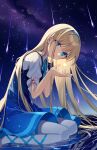  1girl arm_cuffs bangs blonde_hair blue_dress blue_eyes blue_hairband blue_ribbon commentary dress glowing hair_between_eyes hair_over_eyes hair_over_face hairband head_tilt hijiri_(resetter) holding holding_star horizon leaning_forward leg_ribbon long_hair meteor_shower milky_way night original pantyhose reflection reflective_water ribbon ripples seiza shoes sitting sky solo star_(sky) star_(symbol) star_print starry_sky very_long_hair water white_legwear 