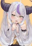  1girl absurdres ahoge bangs bare_shoulders blush braid commentary_request demon_horns eyebrows_visible_through_hair hair_between_eyes highres holding holding_hair hololive horns la+_darknesss long_hair long_sleeves looking_at_viewer multicolored_hair mutsumi326 open_mouth pointy_ears purple_hair silver_hair solo streaked_hair twintails upper_body virtual_youtuber yellow_background yellow_eyes 