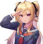  1girl ahoge alternate_costume antenna_hair blonde_hair blurry bokeh breasts commentary depth_of_field eyebrows_visible_through_hair eyelashes hair_between_eyes hair_ornament hand_up highres long_hair looking_at_viewer open_mouth original parted_lips red_eyes salute school_uniform shakkiyi shiny shiny_hair simple_background small_breasts solo twintails upper_body white_background 