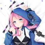  1girl arknights arm_up blue_eyes blue_jacket blue_poison_(arknights) blush cirnos dart hands_up jacket long_sleeves low_twintails lying on_back on_bed open_clothes open_jacket parted_lips pink_hair scales shirt single_bare_shoulder solo suspenders twintails upper_body v-shaped_eyebrows white_background white_shirt 