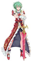  1girl asellus_(saga_frontier) closed_mouth dress flower full_body gloves green_hair high_heels highres looking_at_viewer okken red_eyes red_flower red_rose romancing_saga_re;universe rose saga saga_frontier short_hair simple_background solo sword weapon white_background 