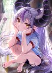  1girl barefoot basketball blush braid gym_uniform highres hololive horns indian_style la+_darknesss long_hair looking_at_viewer misekiss pointy_ears purple_hair shorts silver_hair sitting solo very_long_hair virtual_youtuber yellow_eyes 