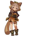  1girl animal_ears animal_hood blonde_hair blush clothing_request fake_animal_ears fake_tail full_body genshin_impact hood iwashi_(iwashi008) leaf leaf_on_head looking_at_viewer pale_skin raccoon_ears raccoon_tail sayu_(genshin_impact) shoes short_hair solo tail violet_eyes 