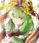  1girl bangs bow closed_mouth dress eyebrows_behind_hair flower flower_request frilled_bow frilled_shirt_collar frills front_ponytail green_eyes green_hair hair_between_eyes hair_bow highres kagiyama_hina light_blush light_smile long_hair looking_at_viewer nanataru10 red_bow red_dress simple_background solo touhou upper_body white_background yellow_flower 