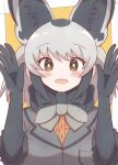  1girl :d animal_ears bangs bat-eared_fox_(kemono_friends) black_bow black_gloves black_hair blush bow brown_eyes brown_shirt commentary_request elbow_gloves eyebrows_visible_through_hair gloves grey_bow grey_hair grey_jacket hair_between_eyes hands_up highres jacket kemono_friends looking_at_viewer multicolored_hair orange_background shirt short_sleeves smile solo sunanuko_(ramuneko) two-tone_background two-tone_hair upper_body white_background 