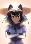  2girls absurdres animal_ear_fluff animal_ears backlighting black_bow black_bowtie black_hair bow bowtie breasts brown_eyes commentary common_raccoon_(kemono_friends) crossed_arms extra_ears fang fang_out fennec_(kemono_friends) fur_collar gloves grey_hair highres john_(a2556349) kemono_friends large_breasts looking_at_viewer medium_hair multicolored_hair multiple_girls puffy_short_sleeves puffy_sleeves purple_shirt raccoon_ears raccoon_girl shirt short_sleeves smile solo_focus upper_body white_hair 