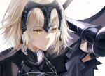  184756o 1girl absurdres ahoge bangs breasts cape face fate/grand_order fate_(series) gauntlets headpiece highres holding jeanne_d&#039;arc_(alter)_(fate) jeanne_d&#039;arc_(fate) looking_to_the_side short_hair silver_hair simple_background solo tsurime white_background yellow_eyes 