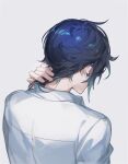  1boy adjusting_hair blue_hair collared_shirt ear_piercing from_behind hand_on_own_neck highres male_focus original piercing shirt short_hair simple_background solo white_background white_shirt yusa_(yusa0751) 
