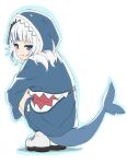  1girl :t animal_costume animal_hood artist_request blue_eyes blue_hair blue_hoodie closed_mouth commentary_request fish_tail from_behind full_body gawr_gura highres hololive hololive_english hood hoodie long_hair long_sleeves multicolored_hair shark_costume shark_girl shark_hood shark_print shark_tail silver_hair simple_background solo squatting tail virtual_youtuber white_background white_footwear 
