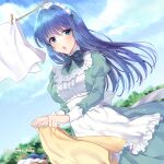  1girl alternate_costume apron awayuki_ramika blue_eyes blue_hair caeda_(fire_emblem) collared_dress dress enmaided fire_emblem frilled_apron frills green_dress holding holding_clothes long_sleeves looking_at_viewer maid maid_apron maid_headdress outdoors solo tagme twitter_username white_apron wind wind_lift 