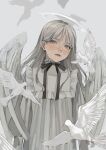  1girl absurdres angel angel_wings bird black_ribbon blush commentary dress feathered_wings grey_background grey_eyes grey_hair halo highres long_hair looking_at_viewer neck_ribbon original parted_lips ribbon simple_background solo upper_body white_dress wings yudoufu_(yudouhu_1212) 