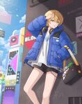  1boy absurdres alice_fiction androgynous blonde_hair blue_eyes blue_jacket city clouds cloudy_sky gender_request green_eyes headphones headphones_around_neck highres hyosi jacket looking_to_the_side male_focus michelangelo-b_(alice_fiction) open_mouth shirt short_hair shorts sky solo thighs white_shirt 