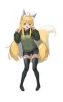  +_+ 1girl absurdres ahoge animal_ear_fluff animal_ears black_legwear blonde_hair blue_eyes blush character_request clenched_hands commentary_request copyright_request eyebrows_visible_through_hair fluf.p fox_ears fox_girl fox_tail green_jacket highres jacket long_hair looking_at_viewer open_mouth outstretched_arms shorts simple_background smile solo spread_arms standing tail thigh-highs tooth very_long_hair white_background zettai_ryouiki 