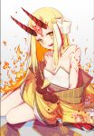  1girl absurdres bare_shoulders blonde_hair breasts facial_mark fate/grand_order fate_(series) forehead forehead_mark hair_pulled_back highres horns ibaraki_douji_(fate) japanese_clothes kimono long_hair long_sleeves looking_at_viewer off_shoulder oni oni_horns sash sawarineko small_breasts tattoo wide_sleeves yellow_eyes yellow_kimono 
